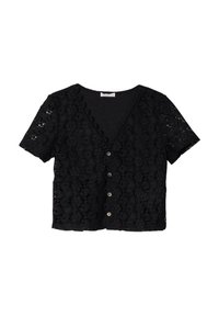 Haut en crochet noir à manches courtes avec un décolleté en V, présentant un motif floral et cinq boutons à l'avant, fabriqué en tissu texturé léger.
