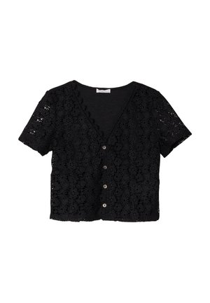 Haut en crochet noir à manches courtes avec un décolleté en V, présentant un motif floral et cinq boutons à l'avant, fabriqué en tissu texturé léger.