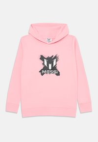 Sweatshirt à capuche rose en coton, avec un logo noir et des détails en coups de pinceau sur la poitrine et des poignets côtelés.
