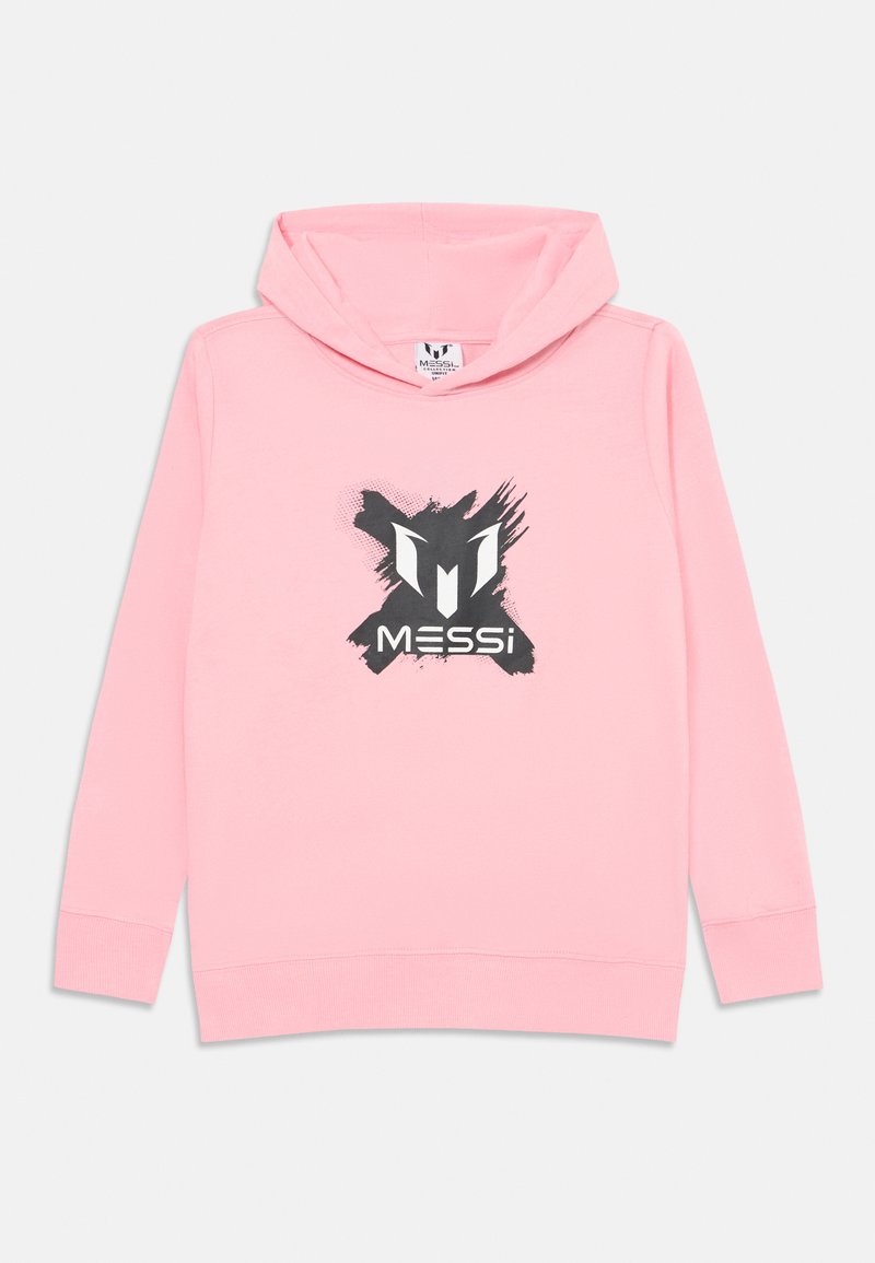 Felpa con cappuccio rosa in cotone, caratterizzata da un logo nero con dettagli a pennellata sul petto e polsini a costine.