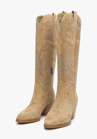 Brązowe zamszowe kowbojki z wysokimi cholewami, zdobione haftowanymi motywami motyli oraz srebrnymi ćwiekami, zakończone na podwyższonej podeszwie.