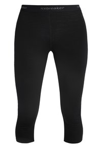Schwarze, knöchellange Leggings aus dehnbarem Material. Mit einem elastischen Bund, auf dem der Markenname "icebreaker" in Grau gedruckt ist.