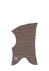 Stripet stofhat i grå, rust og kremfarvet, med en sløjfeaccent på siden. Blødt, strækbart materiale med et asymmetrisk design.