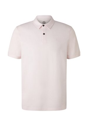 Light pink short-sleeve polo shirt with collar, three-button placket, and small embroidered logo on the chest. Smooth texture, casual design.