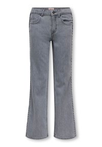 Sive zvončaste kavbojke z visokim pasom, petimi žepi in vidnimi šivi. Tkanina ima mehak otip in rahlo prožnost.