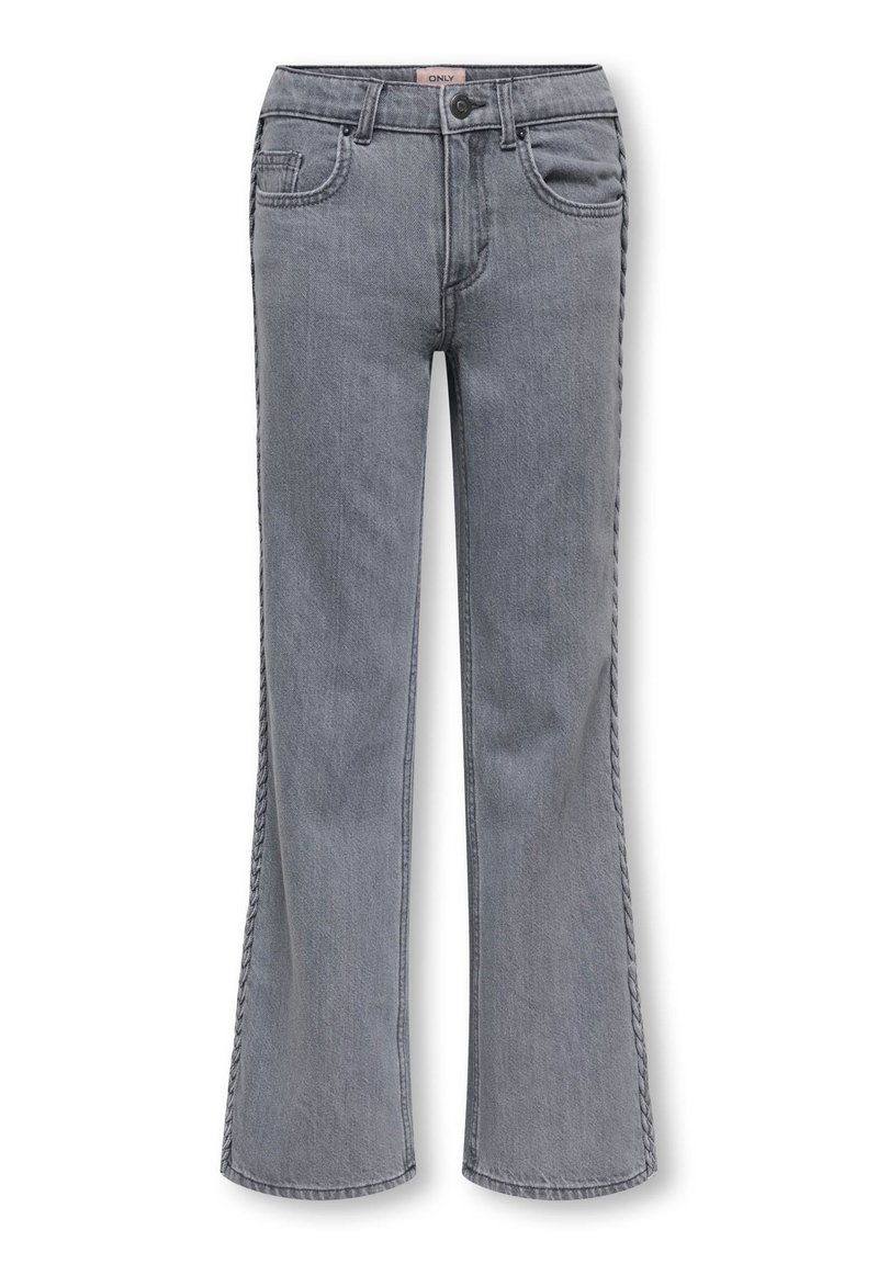 Sive zvončaste kavbojke z visokim pasom, petimi žepi in vidnimi šivi. Tkanina ima mehak otip in rahlo prožnost.