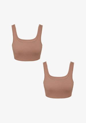 Zwei braune gerippte Cropped Tops mit breiten quadratischen Ausschnitten und dicken Trägern, die eine glatte Textur und minimale Nähte aufweisen.