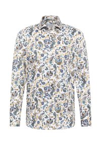 Heren overhemden met lange mouwen in een witte basis, voorzien van een intricaat patroon van blauwe, gouden en bruine bloemen en paisley.