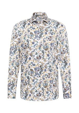 Herrenhemd mit langen Ärmeln und Knopfleiste, weißer Grundfarbe und komplexem blauen, goldenen und braunen Blumen- und Paisleymuster.