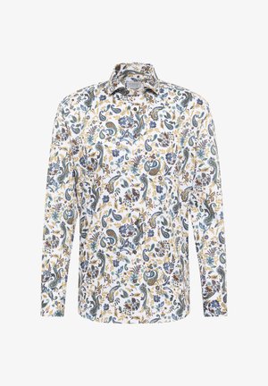 Herrenhemd mit langen Ärmeln und Knopfleiste, weißer Grundfarbe und komplexem blauen, goldenen und braunen Blumen- und Paisleymuster.