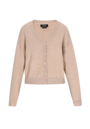 Beige cropped cardigan met een V-hals, knoopsluiting en lange mouwen. Getextureerde stof en ribbels aan de randen voor een nette afwerking.