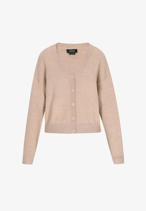 Beige cropped cardigan met een V-hals, knoopsluiting en lange mouwen. Getextureerde stof en ribbels aan de randen voor een nette afwerking.