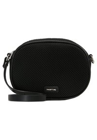 Zwarte schoudertas van gaas, ovale vorm, met een afneembare schouderband en een zilveren logo-accent aan de voorkant.