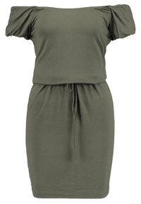 Robe en coton verte olive à épaules dénudées, avec des manches ballon courtes, une taille ajustée et un cordon de serrage à la taille pour un ajustement.