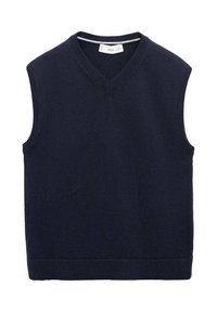 Námořnická modrá bezrukávová svetr s V-výstřihem, ribbovanými okraji a přiléhavým střihem. Vyrobeno z měkkého pleteného materiálu, ideální pro vrstvení.