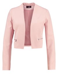 Blazer rose clair pour femme avec manches longues, devant ouvert et deux petites poches zippées près de la taille.