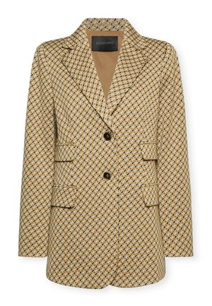 Blazer de mujer con patrón geométrico en beige, negro y blanco, dos botones negros, solapas con muesca y cuatro bolsillos con solapa.
