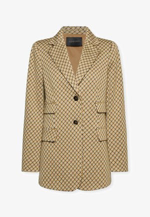 Damenblazer mit geometrischem Muster in Beige, Schwarz und Weiß, zwei schwarzen Knöpfen, Revers mit Kerbkragen und vier Pattentaschen.