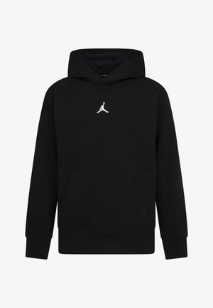 Sudadera negra de mezcla de algodón, con un bolsillo frontal y un logo de Jordan blanco en el pecho. Textura suave con puños y dobladillo acanalados.