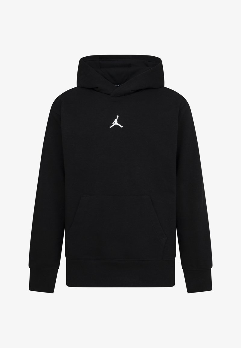 Sudadera negra de mezcla de algodón, con un bolsillo frontal y un logo de Jordan blanco en el pecho. Textura suave con puños y dobladillo acanalados.