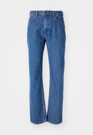 Jeans in denim di un blu medio, con design a gamba dritta, cinque tasche e chiusura a bottone in vita.