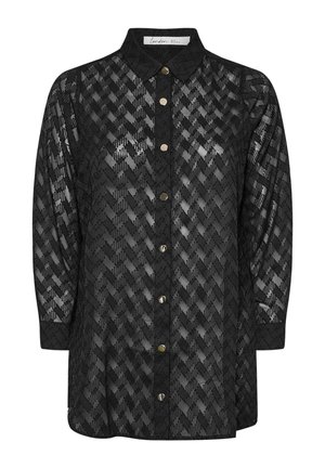 Black button-up shirt in sheer fabric, featuring a diamond pattern and gold buttons, with a collar and long sleeves.