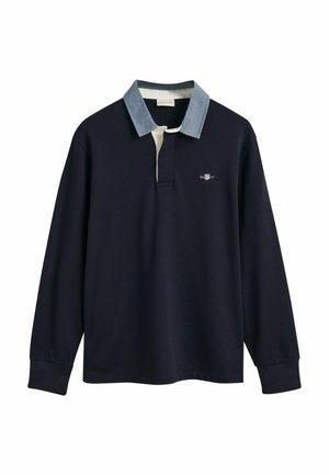 Marineblå langærmet polo med krave i lys denim, hvid knaplist og broderet logo på venstre bryst.