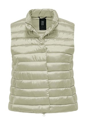 Smanicato trapuntato beige chiaro senza maniche con colletto alto e chiusura con cerniera, progettato per calore e uso casual.