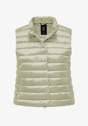 Smanicato trapuntato beige chiaro senza maniche con colletto alto e chiusura con cerniera, progettato per calore e uso casual.