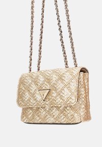 Gold woven handbag with a quilted pattern, featuring a triangular logo accent and a metallic chain strap. Closure is a flap design.
