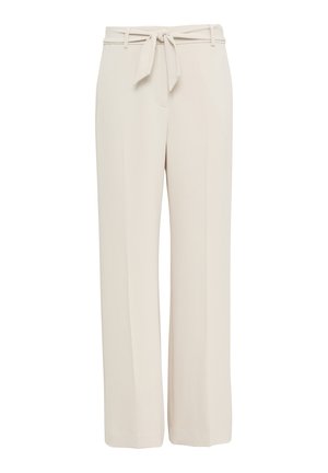 Wide-leg trousers in a soft beige fabric. Features a matching tie belt at the waist and a smooth, flat front. Lightweight and flowing design.