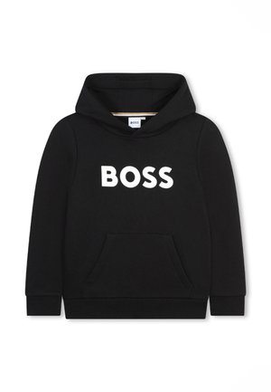 Hamac noir en tissu doux avec une poche avant, arborant un grand logo blanc "BOSS" sur la poitrine et une capuche doublée.