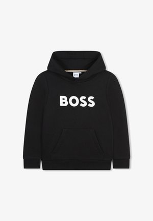 Felpa nera con cappuccio realizzata in tessuto morbido, con una tasca frontale, caratterizzata da un grande logo bianco "BOSS" sul petto e un cappuccio foderato.