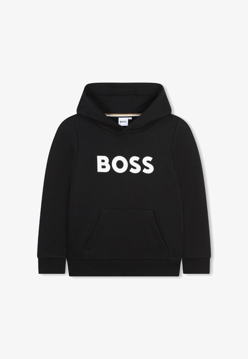 Sudadera negra de tela suave con un bolsillo delantero, que presenta un gran logo blanco de "BOSS" en el pecho y una capucha forrada.