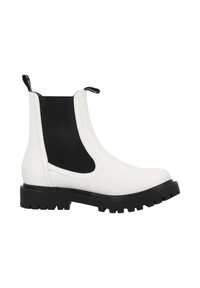 Botín de cuero blanco con paneles laterales elásticos negros, puntera redonda y suela de goma negra texturizada con diseño de tacos.