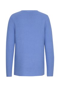 Langärmliger blauer Pullover mit geripptem Stoff, rundem Halsausschnitt und geradem Schnitt, von hinten gesehen.