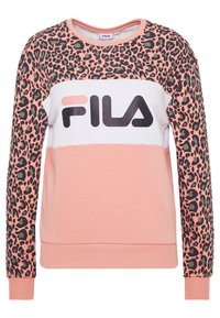 Felpa rosa e bianca con maniche a stampa leopardata nera. Presenta un grande logo FILA nero sul petto. Realizzata in morbido cotone.