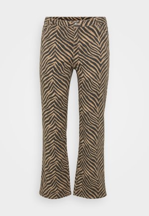 Beige Hosen mit einem schwarzen Zebra-Streifenmuster, ausgestattet mit einer geraden Beinform, Knopfverschluss und Vorderseiten-Taschen. Der Stoff hat eine glatte Textur.
