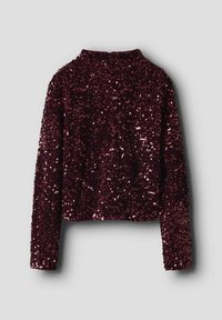 Bordeauxrode top met pailletten, lange mouwen, een hoge halslijn en een cropped model, met een textuur door de dicht opeengepakte pailletten.