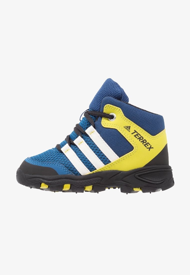 Blue and yellow mid-cut hiking shoe with white stripes, textured fabric, and black rubber sole featuring yellow traction lugs.
