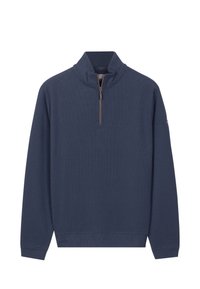 Marineblauwe pullover trui van gemêleerde stof, met een kwart rits kraag en lange mouwen, voorzien van een geribde zoom en boorden voor een comfortabele pasvorm.