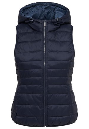 Mouwloze marineblauwe gewatteerde bodywarmer met ritssluiting aan de voorkant en verstelbare capuchon met trekkoorden.