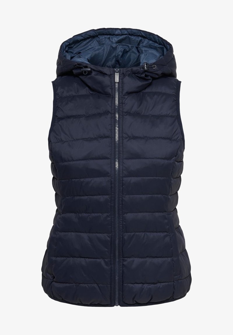 Veste sans manches matelassée bleu marine avec fermeture éclair devant et capuche ajustable avec cordons.