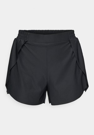 Mustad lühikesed püksid elastse vöökohtaga, külgedelt liikuvate detailidega. Sile materjal, ümarate servadega. Igapäevane disain, sobiv sooja ilma jaoks.