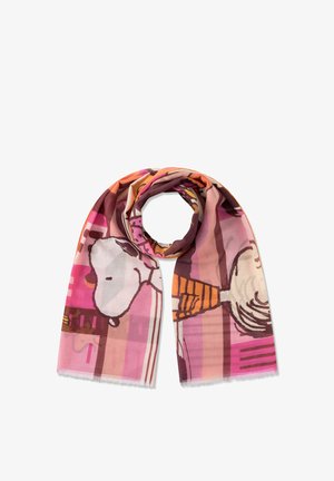 Écharpe légère avec des motifs abstraits rose, orange et violet, ornée de dessins de chiens blancs et d'objets en forme de cône.