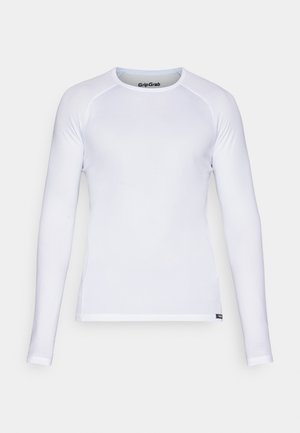 Camisa de manga longa branca, feita de um tecido leve e suave. Apresenta um decote redondo e costuras planas. Inclui o logótipo GripGrab na gola.