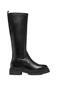 Bota de cuero negro hasta la rodilla con un acabado suave, cuello acanalado y suela de goma gruesa con surcos profundos para mayor tracción.