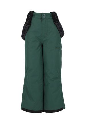 Pantalons de ski isolés verts avec bretelles noires réglables, taille élastique, deux poches et un liseré noir à l'ourlet.