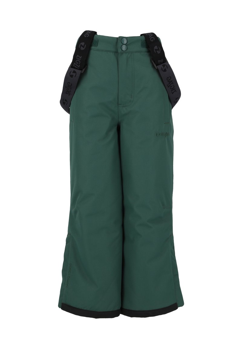 Grüne isolierte Skihose mit verstellbaren schwarzen Trägern, elastischem Hüftbund, zwei Taschen und einem schwarzen Rand am Saum.