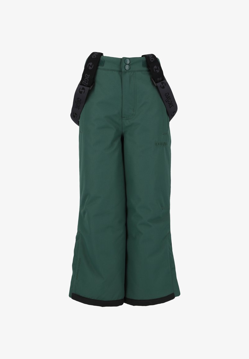 Groene geïsoleerde skibroek met verstelbare zwarte bretels, elastische tailleband, twee zakken en een zwarte bies aan de zoom.